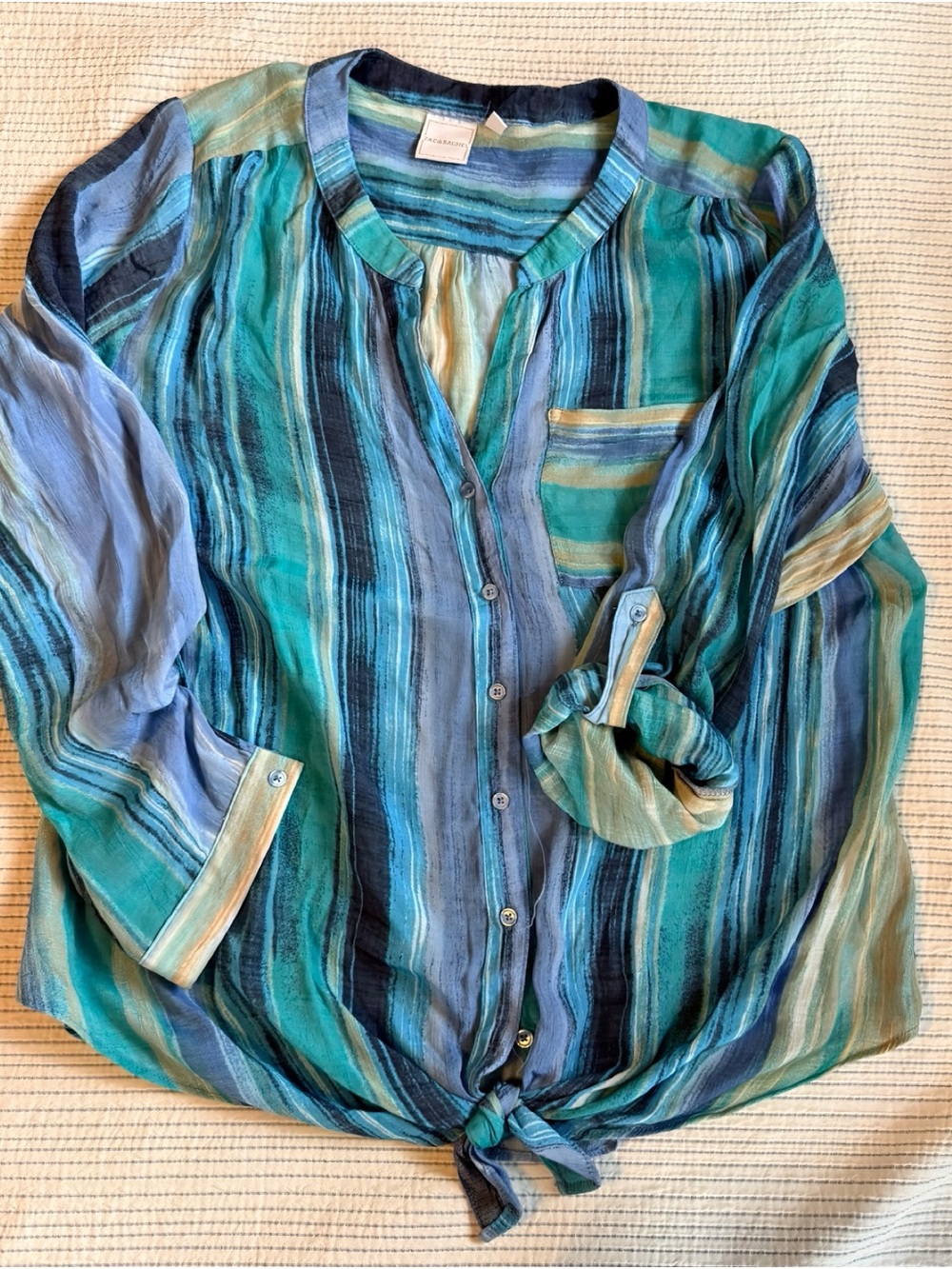 Zac & Rachel Striped Button-Down Tie-Front Top in Blue & Teal